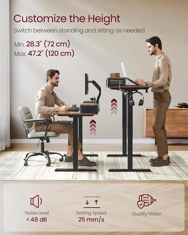 Alt view image 5 of 7 - VASAGLE Electric Standing Desk with Drawers, 47.2 x 23.6 Inches, Sit Stand Desk with Power Outlet and LED Lights, Adjustable Height, Storage Shelf, 3 Memory Buttons, for Home Office, Rustic Brown