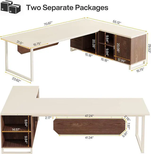 Alt view image 2 of 7 - Tribesigns 70.8-Inch Executive Desk with 55-Inch File Cabinet, Large L Shaped Computer Desk with Storage Cabinet and Shelves, Industrial L-Shaped Desk for Home Office, Beige & Walnut