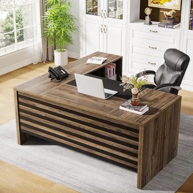 Alt view image 4 of 7 - Tribesigns 62.2" Executive Desk with Mobile File Cabinet, L-Shaped Office Desk with Storage Shelves, Large Computer Desk Business Workstation Set for Home Office, Light Brown