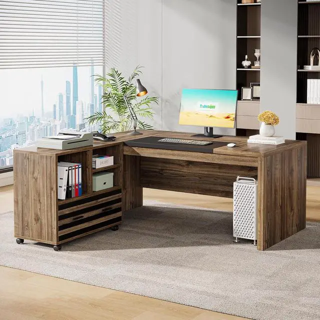 Alt view image 5 of 7 - Tribesigns 62.2" Executive Desk with Mobile File Cabinet, L-Shaped Office Desk with Storage Shelves, Large Computer Desk Business Workstation Set for Home Office, Light Brown