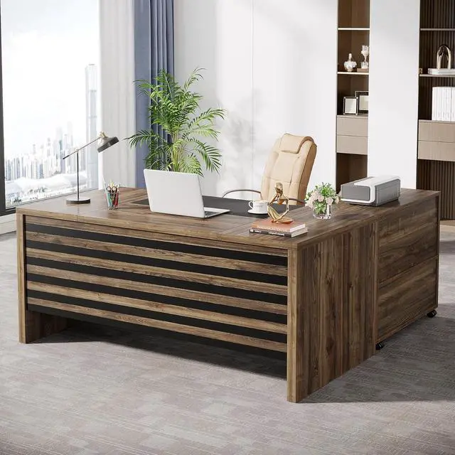 Main image of Tribesigns 62.2" Executive Desk with Mobile File Cabinet, L-Shaped Office Desk with Storage Shelves, Large Computer Desk Business Workstation Set for Home Office, Light Brown