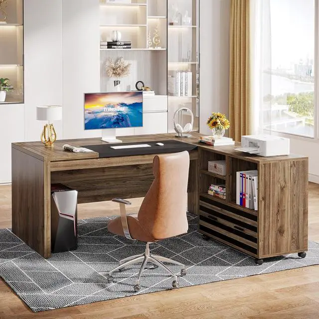 Alt view image 3 of 7 - Tribesigns 62.2" Executive Desk with Mobile File Cabinet, L-Shaped Office Desk with Storage Shelves, Large Computer Desk Business Workstation Set for Home Office, Light Brown