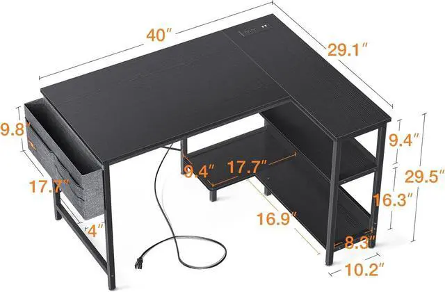 Alt view image 3 of 6 - ODK 40 Inch Small L Shaped Gaming Computer Desk with Power Outlets, Reversible Storage Shelves & PC Stand for Home Office, Simple Writing Study Table with Storage Bag for Small Space, Black