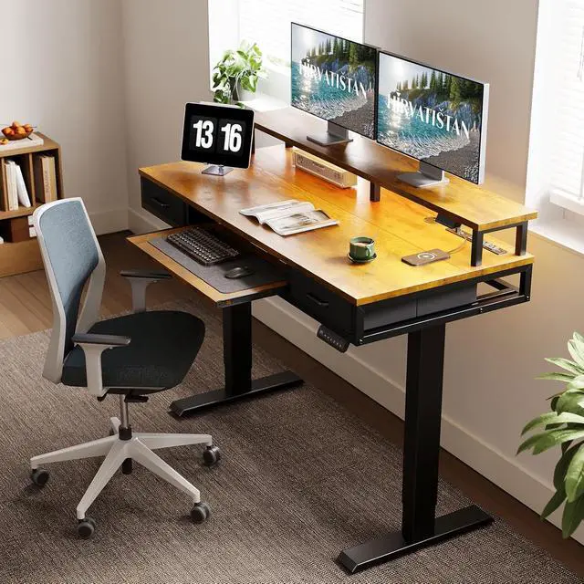 Alt view image 2 of 7 - AODK Electric Standing Desk with Drawers & Keyboard Tray, 55 Inch Height Adjustable Gaming Desk with Power Outlets & LED Lights, Sit Stand Table with Monitor Stand for Home, Office, Rustic Brown