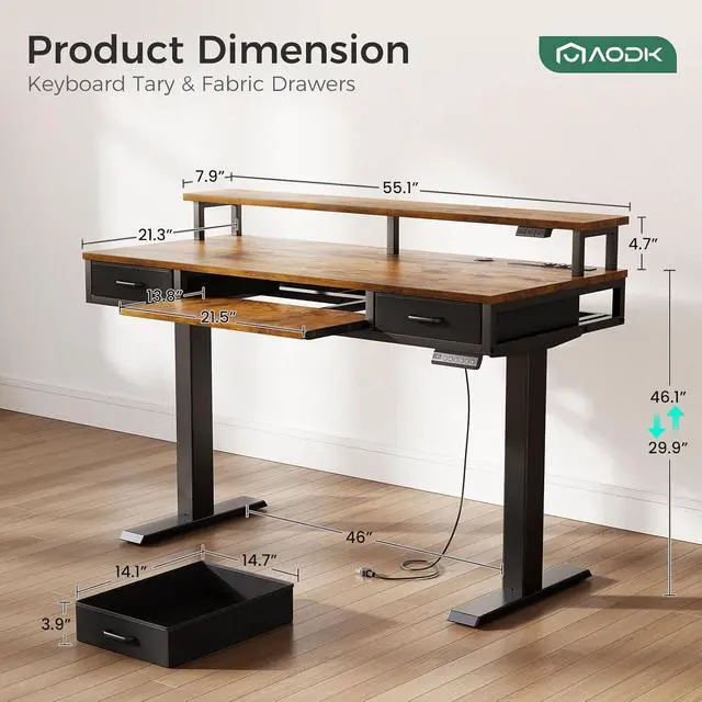 Alt view image 3 of 7 - AODK Electric Standing Desk with Drawers & Keyboard Tray, 55 Inch Height Adjustable Gaming Desk with Power Outlets & LED Lights, Sit Stand Table with Monitor Stand for Home, Office, Rustic Brown