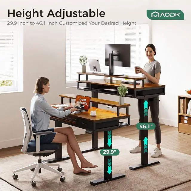 Alt view image 4 of 7 - AODK Electric Standing Desk with Drawers & Keyboard Tray, 55 Inch Height Adjustable Gaming Desk with Power Outlets & LED Lights, Sit Stand Table with Monitor Stand for Home, Office, Rustic Brown