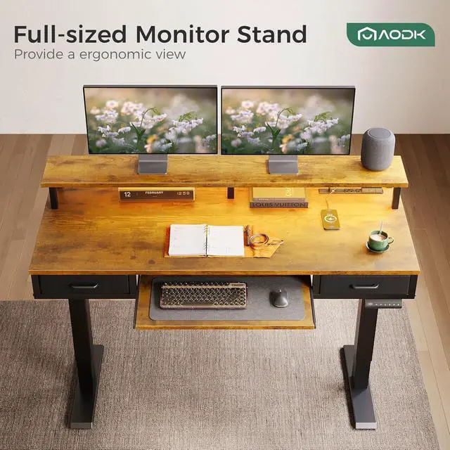 Alt view image 5 of 7 - AODK Electric Standing Desk with Drawers & Keyboard Tray, 55 Inch Height Adjustable Gaming Desk with Power Outlets & LED Lights, Sit Stand Table with Monitor Stand for Home, Office, Rustic Brown