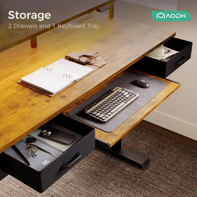 Alt view image 7 of 7 - AODK Electric Standing Desk with Drawers & Keyboard Tray, 55 Inch Height Adjustable Gaming Desk with Power Outlets & LED Lights, Sit Stand Table with Monitor Stand for Home, Office, Rustic Brown