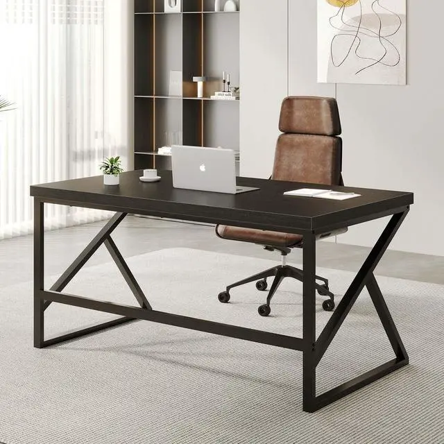 Alt view image 5 of 7 - HSH Black Desk, Modern Industrial Home Office Computer Desk, Laptop PC Desk for Student Work Writing Study Gaming, Simple Metal and Wooden Computer Table in Bedroom Living Room Workstation, 55 Inch