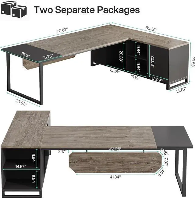Alt view image 2 of 7 - Tribesigns 70.8-Inch Executive Desk with 55-Inch File Cabinet, Large L Shaped Computer Desk with Storage Cabinet and Shelves, Industrial L-Shaped Desk for Home Office, Retro Gray & Black