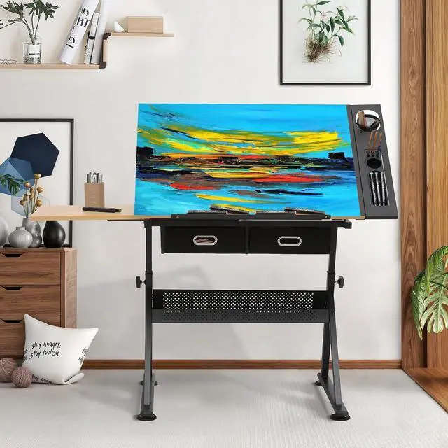 Alt view image 2 of 7 - Magshion Adjustable Drafting Table Set, Tilting Wooden Art Desk with Sliding Desktop, Stool & Storage Drawers, Home Office Multifunctional Artist Desk for Drawing, Painting (Natural)