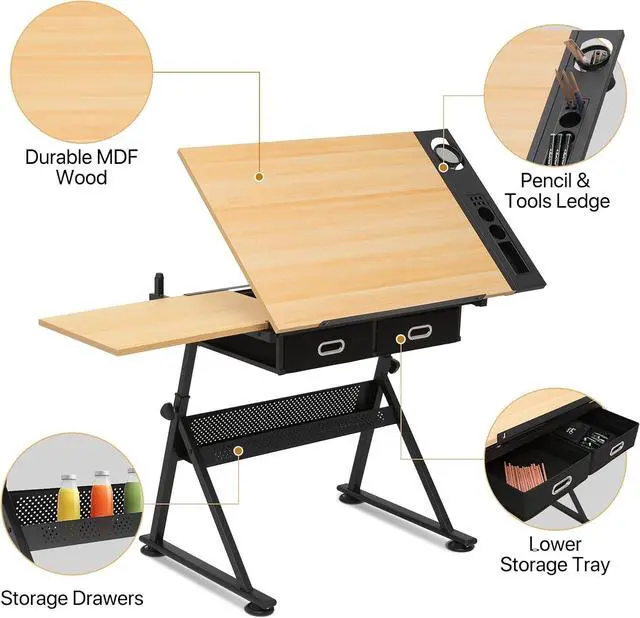 Alt view image 4 of 7 - Magshion Adjustable Drafting Table Set, Tilting Wooden Art Desk with Sliding Desktop, Stool & Storage Drawers, Home Office Multifunctional Artist Desk for Drawing, Painting (Natural)
