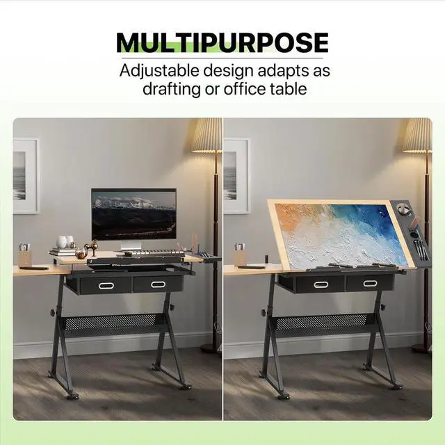 Alt view image 5 of 7 - Magshion Adjustable Drafting Table Set, Tilting Wooden Art Desk with Sliding Desktop, Stool & Storage Drawers, Home Office Multifunctional Artist Desk for Drawing, Painting (Natural)