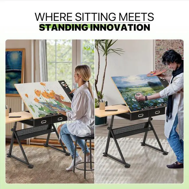 Alt view image 6 of 7 - Magshion Adjustable Drafting Table Set, Tilting Wooden Art Desk with Sliding Desktop, Stool & Storage Drawers, Home Office Multifunctional Artist Desk for Drawing, Painting (Natural)