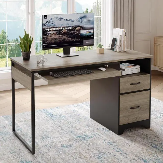 Main image of Bestier 48 Computer Desk with Drawers, Office Desk with Storage, Industrial Wood Writing Desk with File Drawer, Keyboard Tray & 2 Hooks for Home Office & Studio, Gray