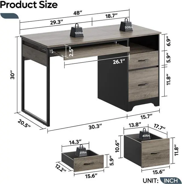 Alt view image 2 of 7 - Bestier 48 Computer Desk with Drawers, Office Desk with Storage, Industrial Wood Writing Desk with File Drawer, Keyboard Tray & 2 Hooks for Home Office & Studio, Gray
