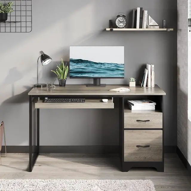 Alt view image 3 of 7 - Bestier 48 Computer Desk with Drawers, Office Desk with Storage, Industrial Wood Writing Desk with File Drawer, Keyboard Tray & 2 Hooks for Home Office & Studio, Gray