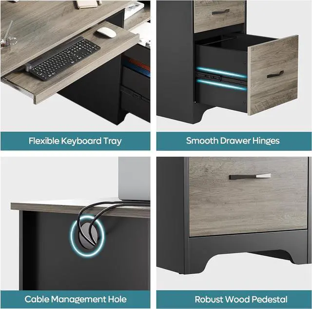 Alt view image 5 of 7 - Bestier 48 Computer Desk with Drawers, Office Desk with Storage, Industrial Wood Writing Desk with File Drawer, Keyboard Tray & 2 Hooks for Home Office & Studio, Gray