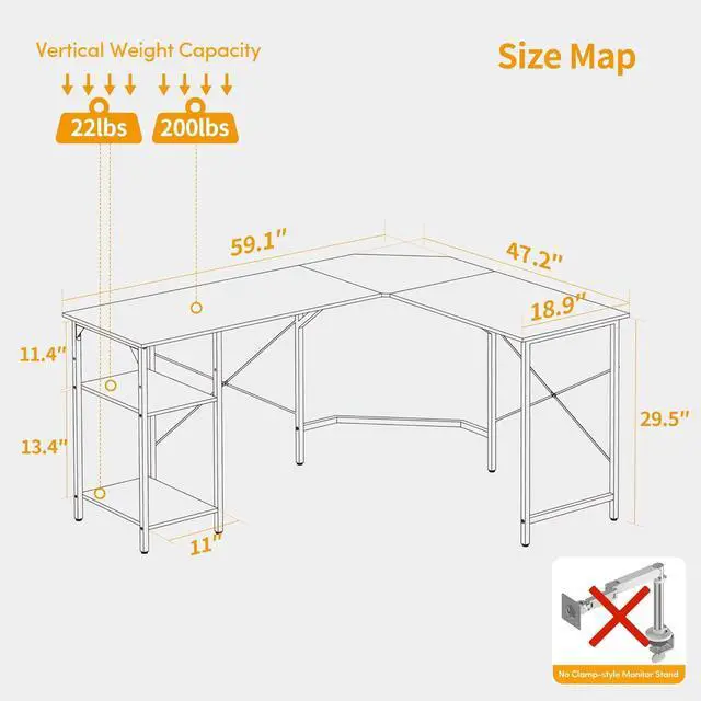 Alt view image 3 of 5 - CubiCubi L Shaped Desk, 59.1 Inch Reversible Corner Desk with Storage Shelves, Home Office Desk for Writing Gaming Study, Rustic Brown