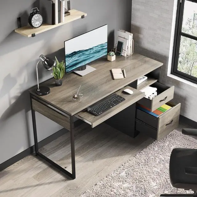 Alt view image 7 of 7 - Bestier 48 Computer Desk with Drawers, Office Desk with Storage, Industrial Wood Writing Desk with File Drawer, Keyboard Tray & 2 Hooks for Home Office & Studio, Gray