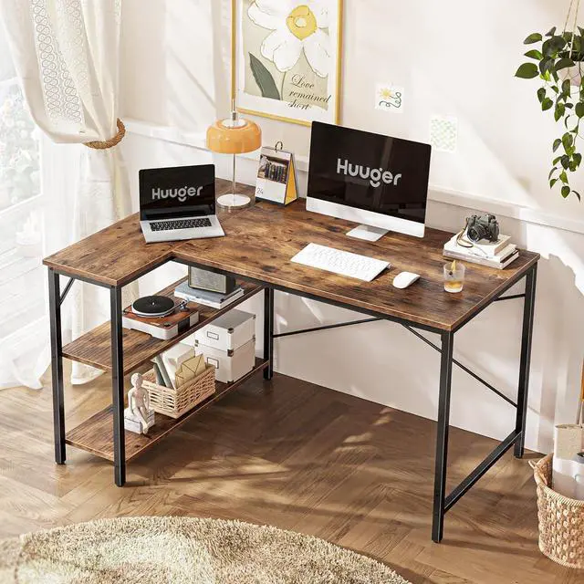 Alt view image 2 of 7 - Huuger 47 Inches L Shaped Desk, Computer Desk with Reversible Storage Shelves, for Gaming Corner Home Office Writing Study, Metal Frame, Rustic Brown
