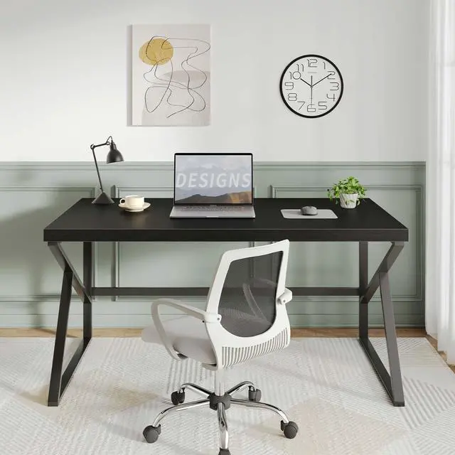 Alt view image 4 of 7 - HSH Black Desk, Modern Industrial Home Office Computer Desk, Laptop PC Desk for Student Work Writing Study Gaming, Simple Metal and Wooden Computer Table in Bedroom Living Room Workstation, 55 Inch