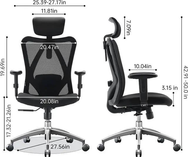 Alt view image 3 of 7 - SIHOO M18 Ergonomic Office Chair for Big and Tall People Adjustable Headrest with 2D Armrest Lumbar Support and PU Wheels Swivel Tilt Function Black
