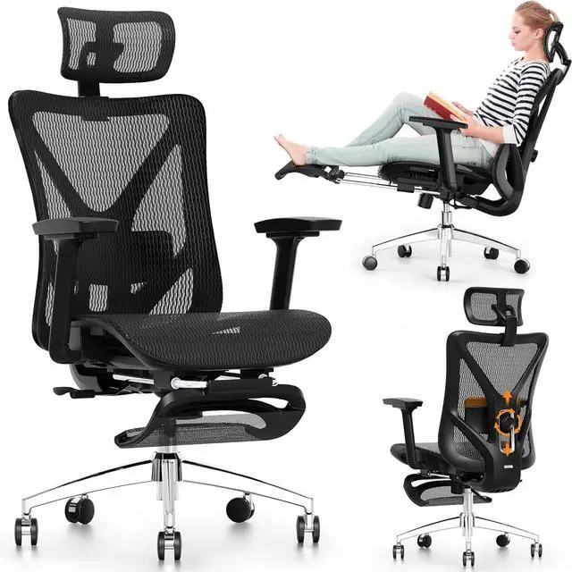 Main image of GABRYLLY Ergonomic Office Chair with Adjustable Lumbar Support, 3D Armrests & Headrest, 135° Reclining Chair with Footrest & Large Steel Base,300LBS Swivel Desk Chair(GYMN01)
