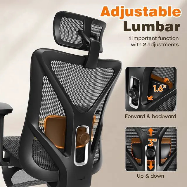 Alt view image 3 of 7 - GABRYLLY Ergonomic Office Chair with Adjustable Lumbar Support, 3D Armrests & Headrest, 135° Reclining Chair with Footrest & Large Steel Base,300LBS Swivel Desk Chair(GYMN01)