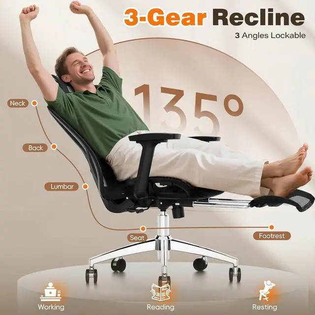 Alt view image 4 of 7 - GABRYLLY Ergonomic Office Chair with Adjustable Lumbar Support, 3D Armrests & Headrest, 135° Reclining Chair with Footrest & Large Steel Base,300LBS Swivel Desk Chair(GYMN01)