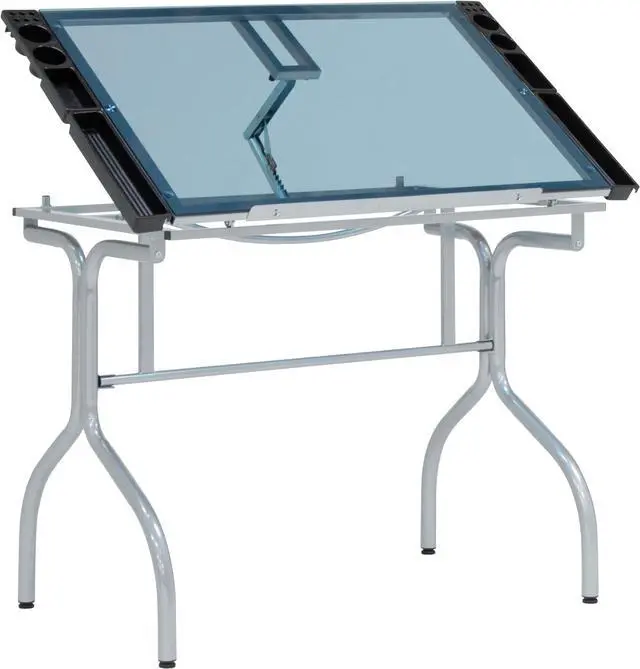 Main image of Studio Designs Folding Modern Glass Top Adjustable Drafting Table Craft Table Drawing Desk Hobby Table Writing Desk Studio Desk, 35.25" W x 23.75" D, Silver/Blue Glass