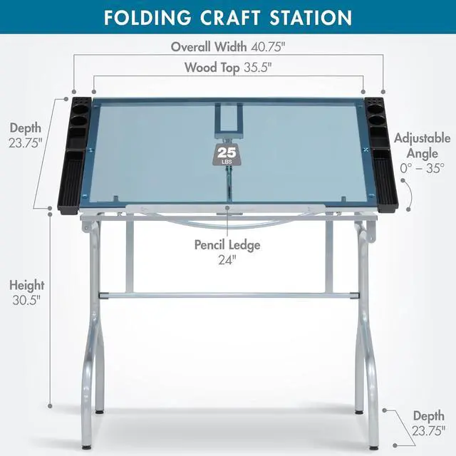 Alt view image 3 of 7 - Studio Designs Folding Modern Glass Top Adjustable Drafting Table Craft Table Drawing Desk Hobby Table Writing Desk Studio Desk, 35.25" W x 23.75" D, Silver/Blue Glass