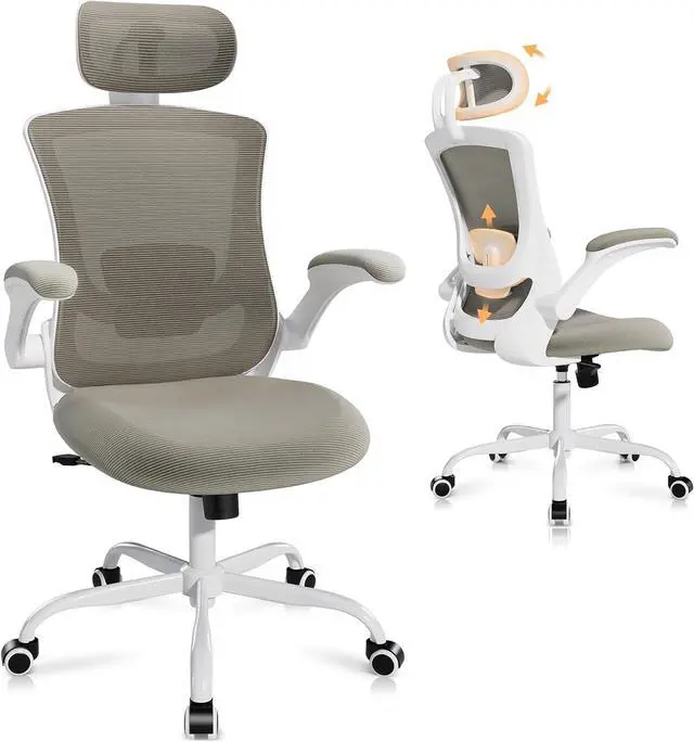 Main image of Ergonomic Office Chair with Adjustable Lumbar Support & Headrest, High Back Mesh Desk Chair with Flip-Up Armrests, Breathable & Comfortable Computer Chair for Home, Office & Study Khaki