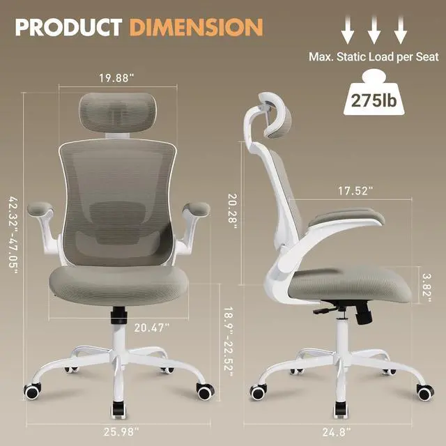 Alt view image 3 of 7 - Ergonomic Office Chair with Adjustable Lumbar Support & Headrest, High Back Mesh Desk Chair with Flip-Up Armrests, Breathable & Comfortable Computer Chair for Home, Office & Study Khaki