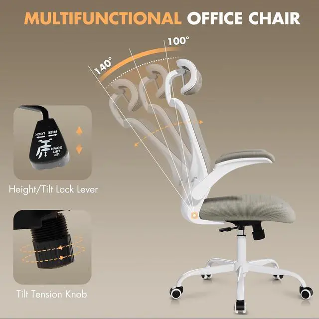 Alt view image 4 of 7 - Ergonomic Office Chair with Adjustable Lumbar Support & Headrest, High Back Mesh Desk Chair with Flip-Up Armrests, Breathable & Comfortable Computer Chair for Home, Office & Study Khaki