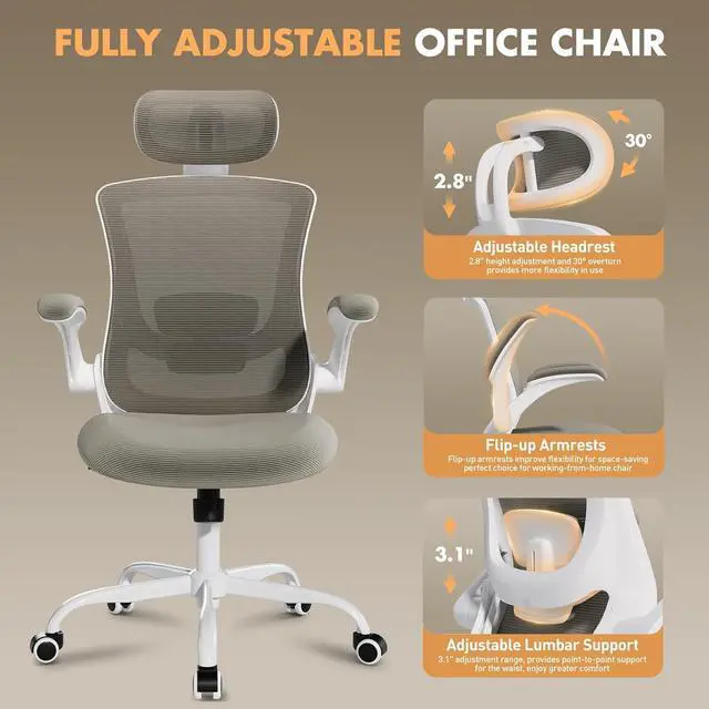 Alt view image 6 of 7 - Ergonomic Office Chair with Adjustable Lumbar Support & Headrest, High Back Mesh Desk Chair with Flip-Up Armrests, Breathable & Comfortable Computer Chair for Home, Office & Study Khaki