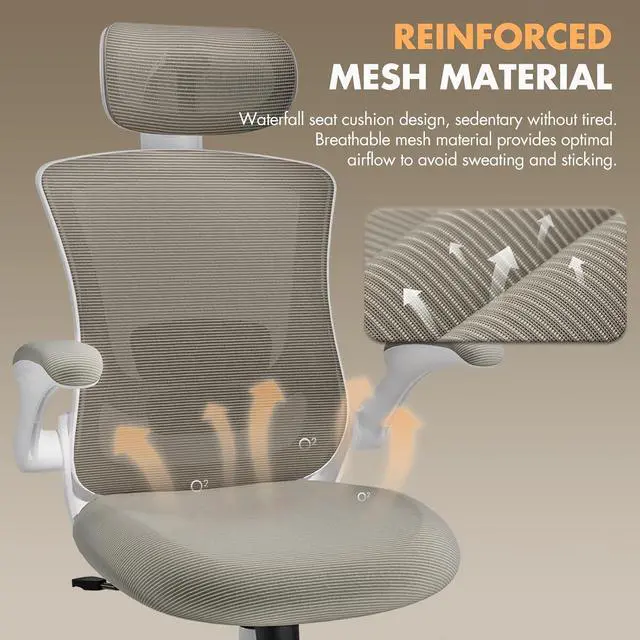 Alt view image 5 of 7 - Ergonomic Office Chair with Adjustable Lumbar Support & Headrest, High Back Mesh Desk Chair with Flip-Up Armrests, Breathable & Comfortable Computer Chair for Home, Office & Study Khaki