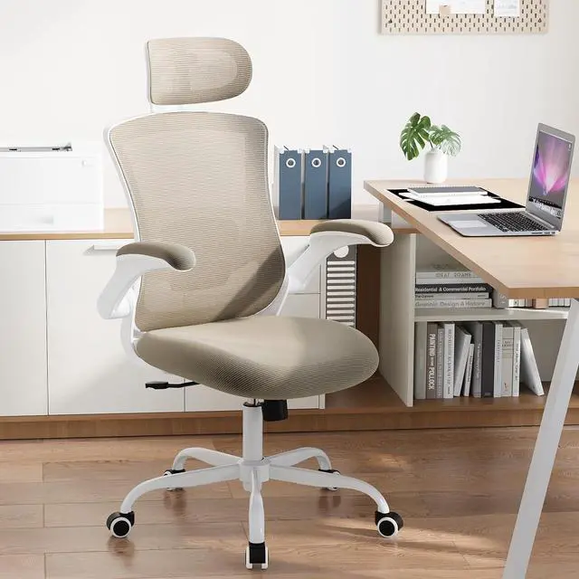 Alt view image 7 of 7 - Ergonomic Office Chair with Adjustable Lumbar Support & Headrest, High Back Mesh Desk Chair with Flip-Up Armrests, Breathable & Comfortable Computer Chair for Home, Office & Study Khaki