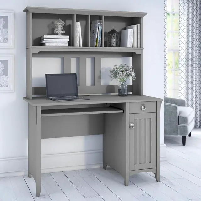 Alt view image 2 of 7 - Bush Furniture Salinas Computer Desk with Hutch | Study Table with Drawers, Cabinets & Pullout Keyboard/Laptop Tray | Modern Home Office Desk in Cape Cod Gray | Work Desk with Storage