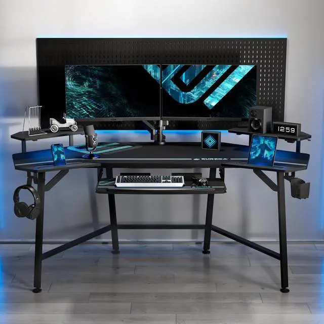 Alt view image 5 of 7 - EUREKA ERGONOMIC Aero Gaming Desk with Led Lights, 72" Large Wing-Shaped Studio Desk W Keyboard Tray Monitor Stand Dual Headphone Hanger Cup Holder for Live, Streamer
