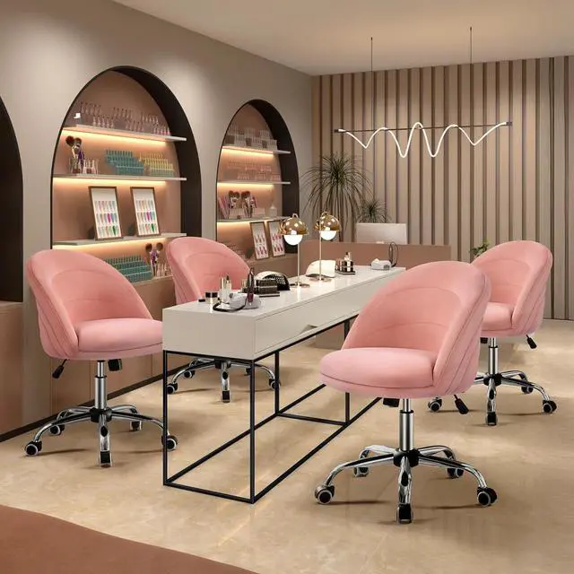 Alt view image 2 of 7 - Yaheetech Armless Velvet Cute Desk Office Chair Adjustable Comfy Soft Swivel Vanity Chair with Wheels for Home Office, Living Room Pink