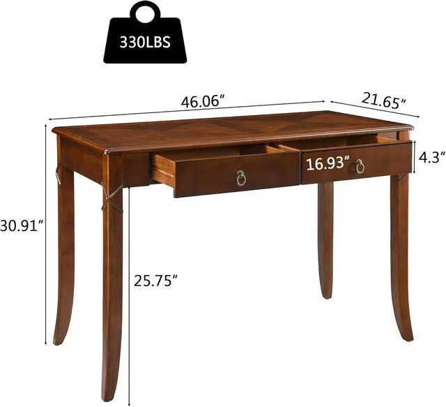 Alt view image 2 of 7 - Traditional Home Office Desk with 2 Storage Drawers, Solid Wood Computer Desk with Elegant Carved Legs,Vanity Desk, Writing Desk, Corner Table for Living Room, Easy Assembly Cherry Brown BSZ-DR200