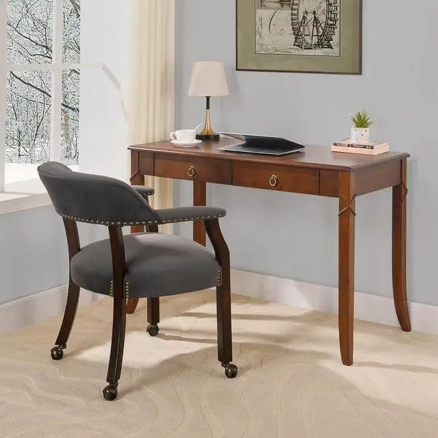Alt view image 3 of 7 - Traditional Home Office Desk with 2 Storage Drawers, Solid Wood Computer Desk with Elegant Carved Legs,Vanity Desk, Writing Desk, Corner Table for Living Room, Easy Assembly Cherry Brown BSZ-DR200