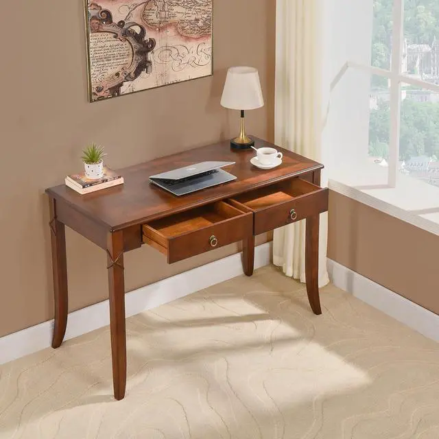 Alt view image 4 of 7 - Traditional Home Office Desk with 2 Storage Drawers, Solid Wood Computer Desk with Elegant Carved Legs,Vanity Desk, Writing Desk, Corner Table for Living Room, Easy Assembly Cherry Brown BSZ-DR200