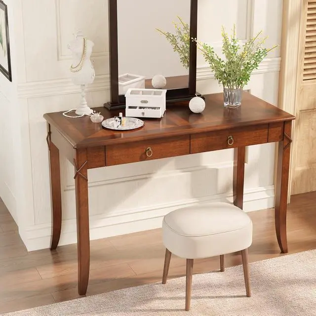 Alt view image 5 of 7 - Traditional Home Office Desk with 2 Storage Drawers, Solid Wood Computer Desk with Elegant Carved Legs,Vanity Desk, Writing Desk, Corner Table for Living Room, Easy Assembly Cherry Brown BSZ-DR200
