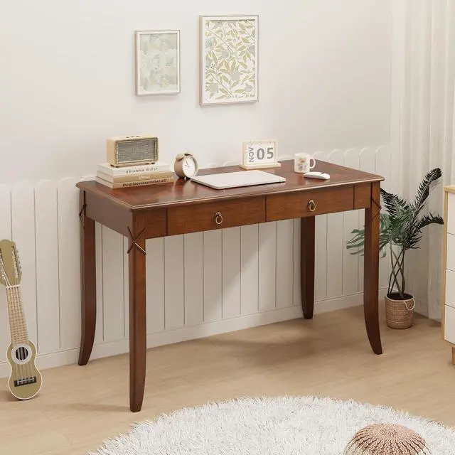 Alt view image 6 of 7 - Traditional Home Office Desk with 2 Storage Drawers, Solid Wood Computer Desk with Elegant Carved Legs,Vanity Desk, Writing Desk, Corner Table for Living Room, Easy Assembly Cherry Brown BSZ-DR200