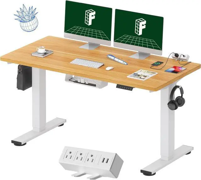 Main image of FLEXISPOT EN2 Whole-Piece Standing Desk with Clamp Power Strip, 55 x 28 Electric Stand Up Height Adjustable Desk with Cable Management (White Frame + 55" Maple Top, 2 Packages)