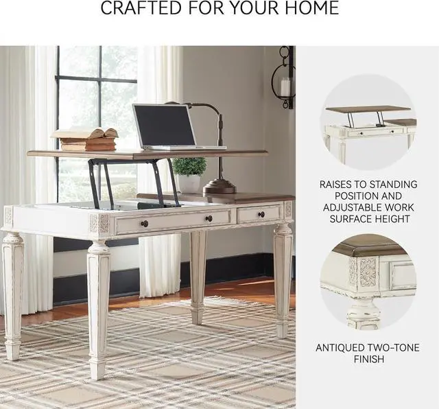 Alt view image 5 of 7 - Signature Design by Ashley Realyn French Country 60" Home Office Lift Top Desk with USB Charging, Chipped White