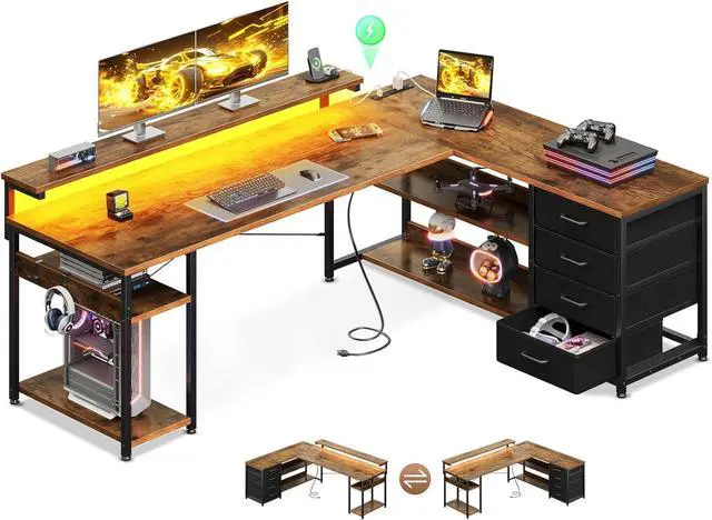 Main image of AODK 61" L Shaped Desk with Drawer, Computer Desk with Power Outlets & LED Lights, Reversible Corner Gaming Desks for Home Office Workstation, Office Table with Monitor Shelf, Vintage