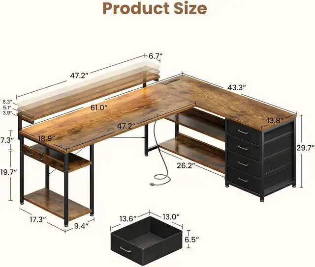 Alt view image 3 of 7 - AODK 61" L Shaped Desk with Drawer, Computer Desk with Power Outlets & LED Lights, Reversible Corner Gaming Desks for Home Office Workstation, Office Table with Monitor Shelf, Vintage